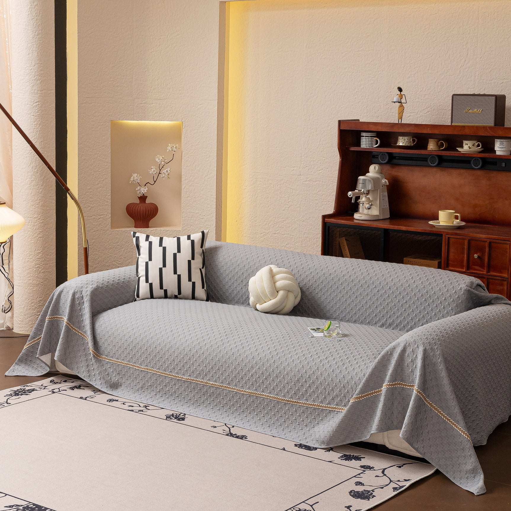Jacquard Ice Silk Sofa Throw Cover with Gold Trim, Summer Cooling Couch Slipcover - Ornate Home