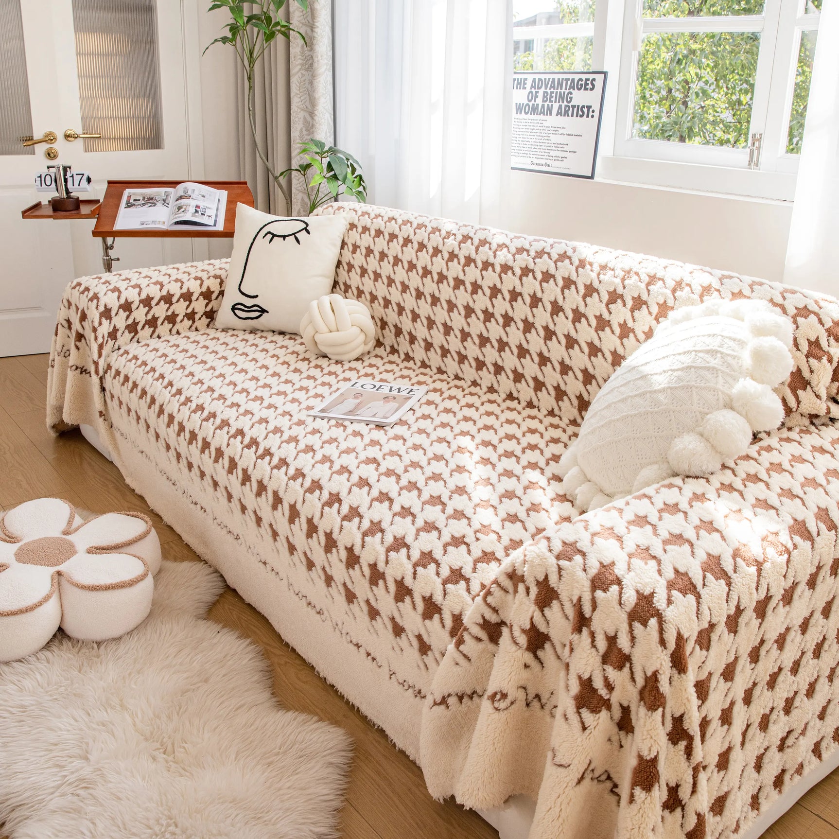Jacquard Plush Houndstooth Sofa Throw Cover, Cover Throws for Sofas, Stylish Living Room Throws - Ornate Home