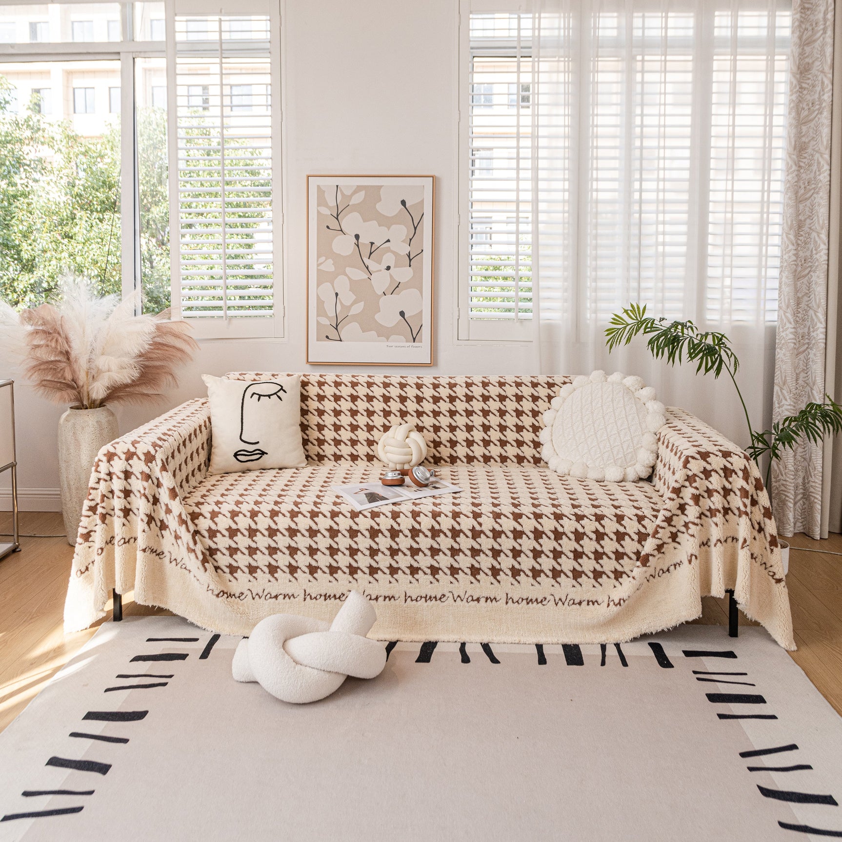 Jacquard Plush Houndstooth Sofa Throw Cover, Cover Throws for Sofas, Stylish Living Room Throws - Ornate Home