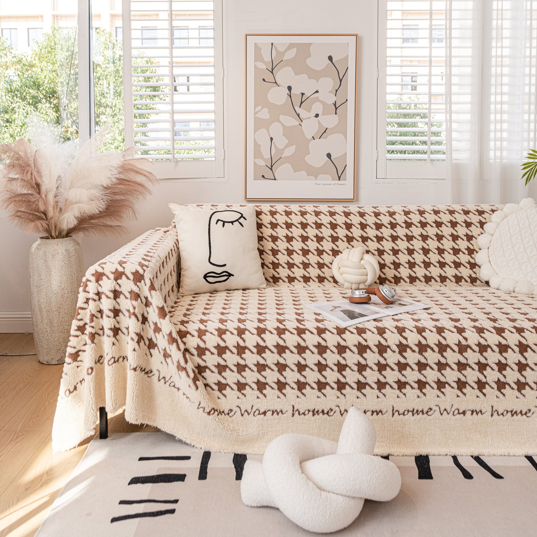 Jacquard Plush Houndstooth Sofa Throw Cover, Cover Throws for Sofas, Stylish Living Room Throws - Ornate Home