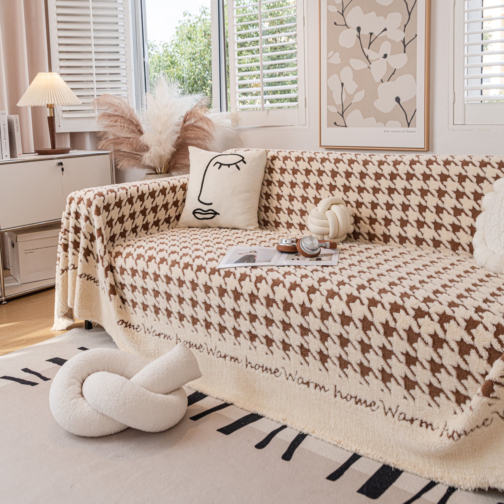 Jacquard Plush Houndstooth Sofa Throw Cover, Cover Throws for Sofas, Stylish Living Room Throws - Ornate Home