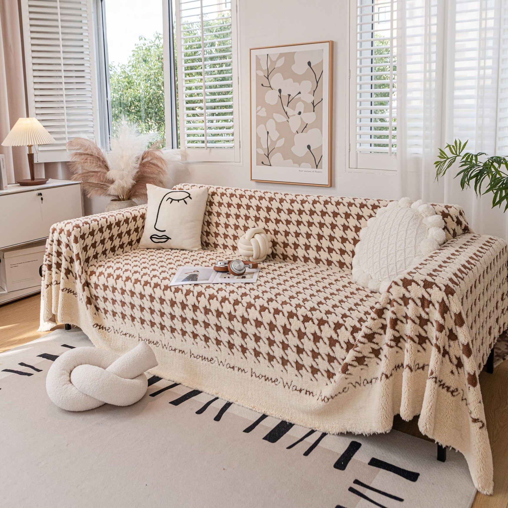 Jacquard Plush Houndstooth Sofa Throw Cover, Cover Throws for Sofas, Stylish Living Room Throws - Ornate Home