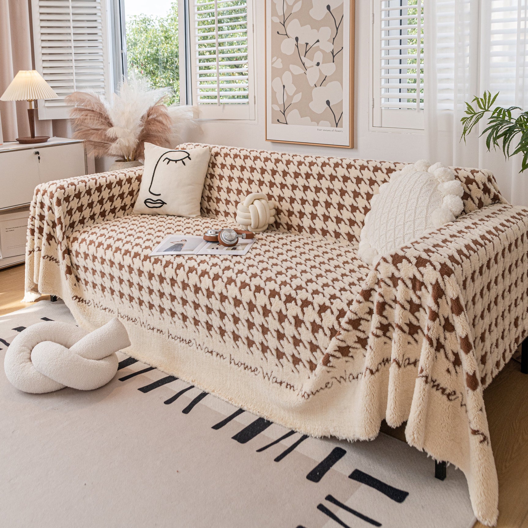 Jacquard Plush Houndstooth Sofa Throw Cover, Cover Throws for Sofas, Stylish Living Room Throws - Ornate Home