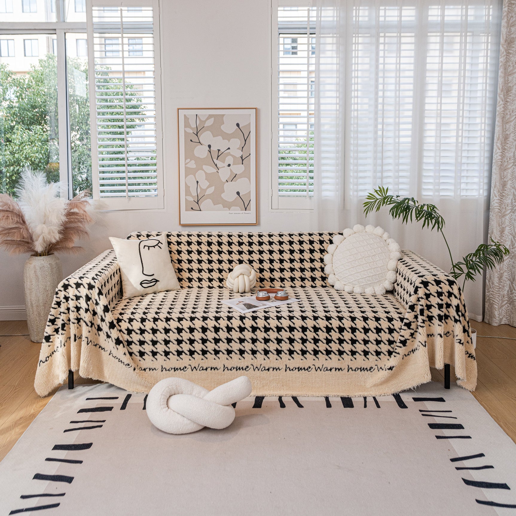 Jacquard Plush Houndstooth Sofa Throw Cover, Cover Throws for Sofas, Stylish Living Room Throws - Ornate Home