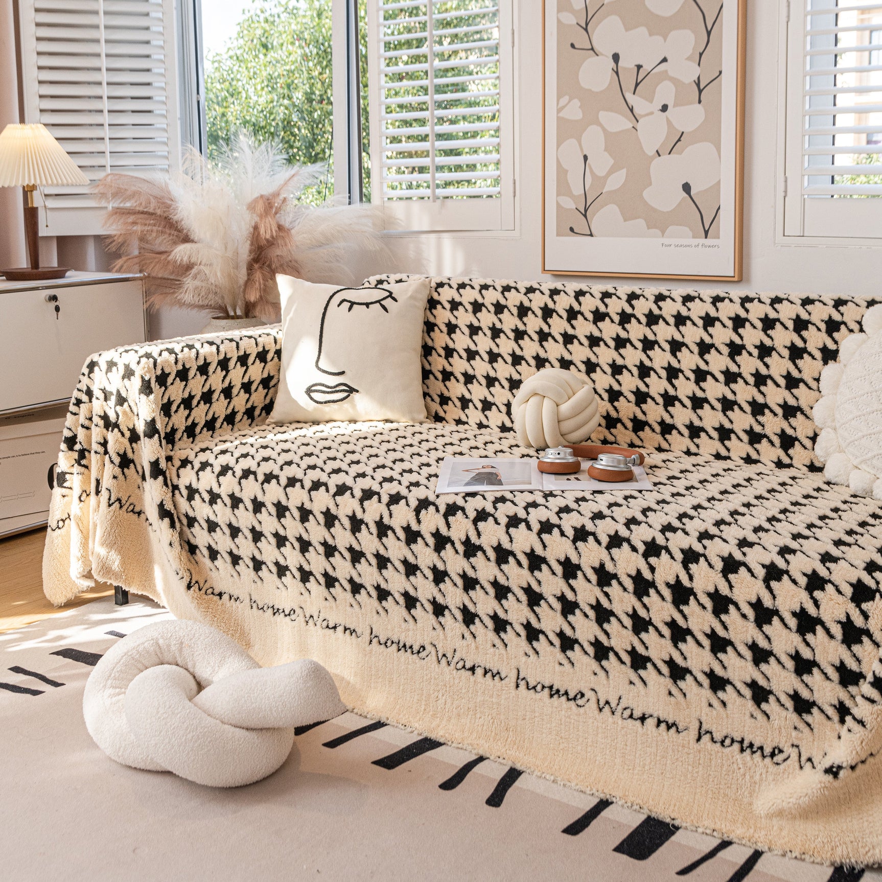 Jacquard Plush Houndstooth Sofa Throw Cover, Cover Throws for Sofas, Stylish Living Room Throws - Ornate Home