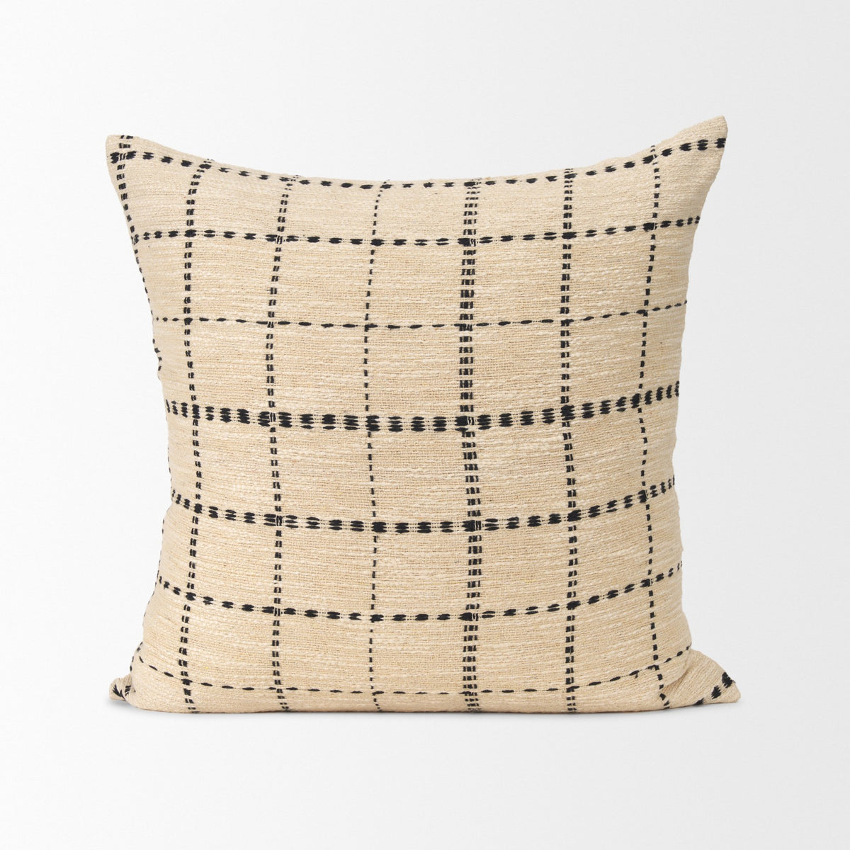 Jaela Beige/Black 22x22 Striped Checkered Square Throw Pillow Cover - Ornate Home