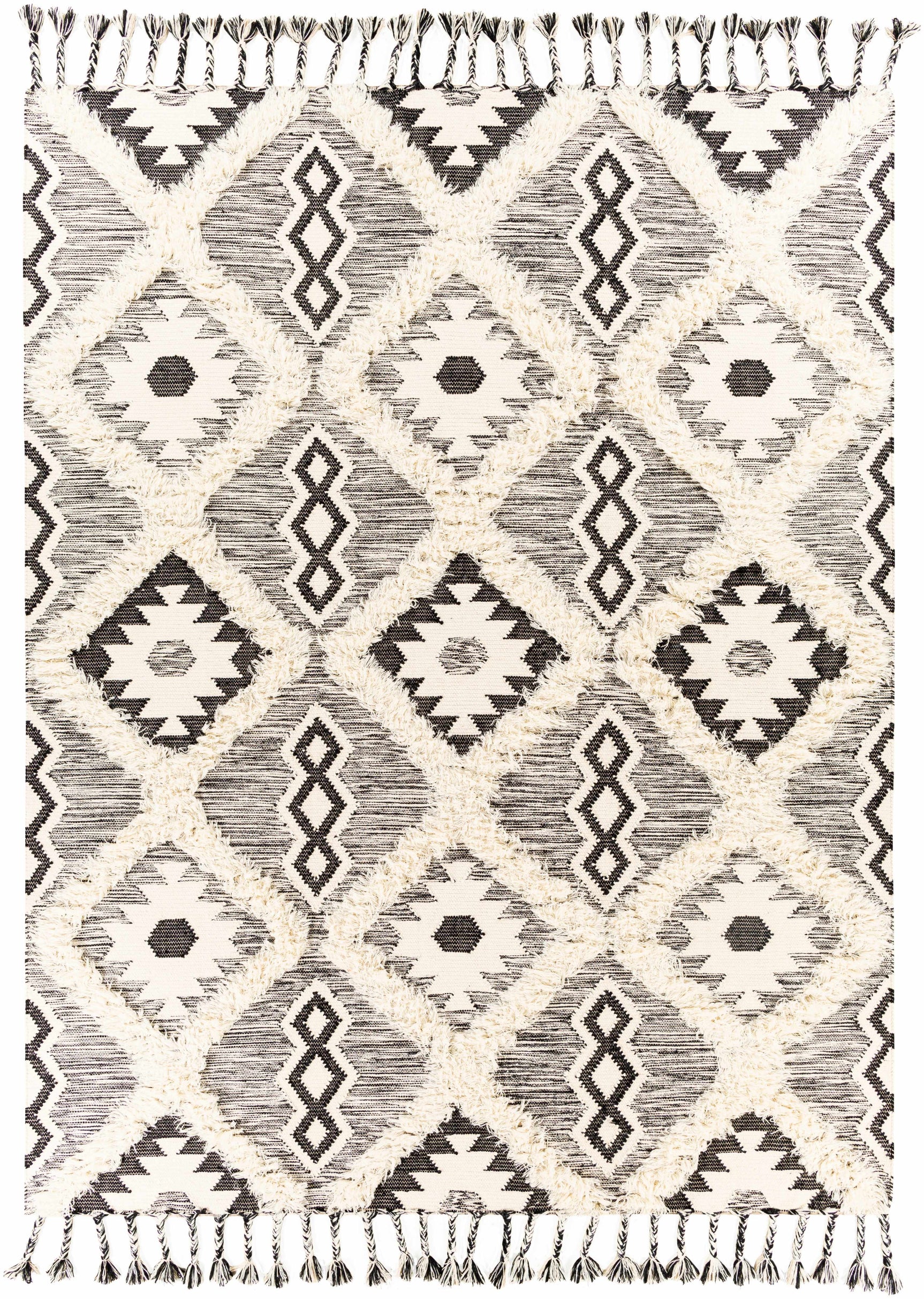 Jarales Cream/Black Tribal Tassel Wool Rug - Clearance - Ornate Home