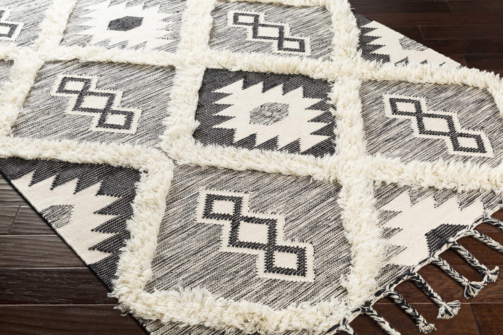 Jarales Cream/Black Tribal Tassel Wool Rug - Clearance - Ornate Home