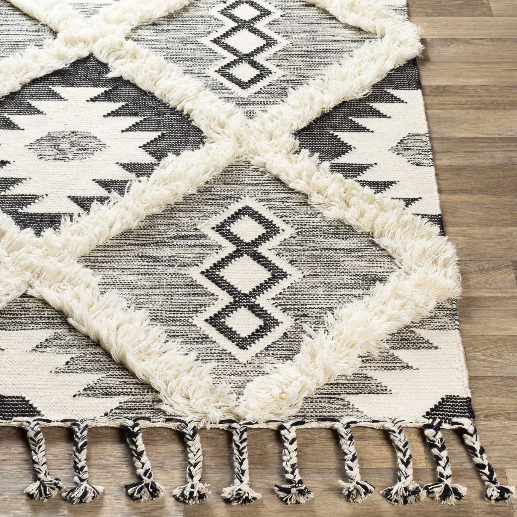 Jarales Cream/Black Tribal Tassel Wool Rug - Clearance - Ornate Home
