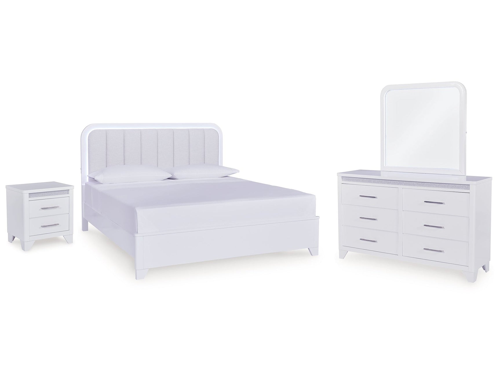 Jarlee White King Panel Bedroom Set with Dresser, Mirror and Nightstand - Ornate Home