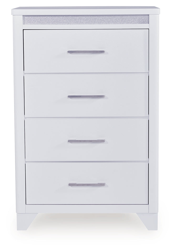 Jarlee White Queen Upholstered Panel Bed, Dresser, Mirror, Chest and 2 Nightstands (Online Special Price) - Ornate Home