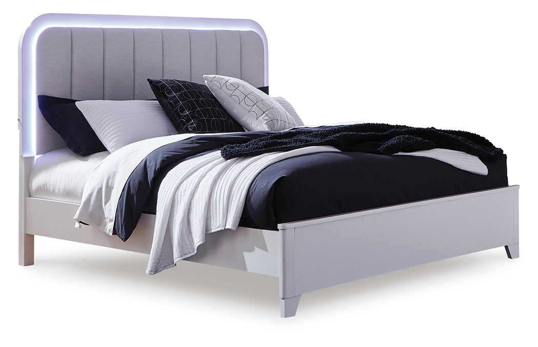 Jarlee White Queen Upholstered Panel Bed, Dresser, Mirror, Chest and 2 Nightstands (Online Special Price) - Ornate Home
