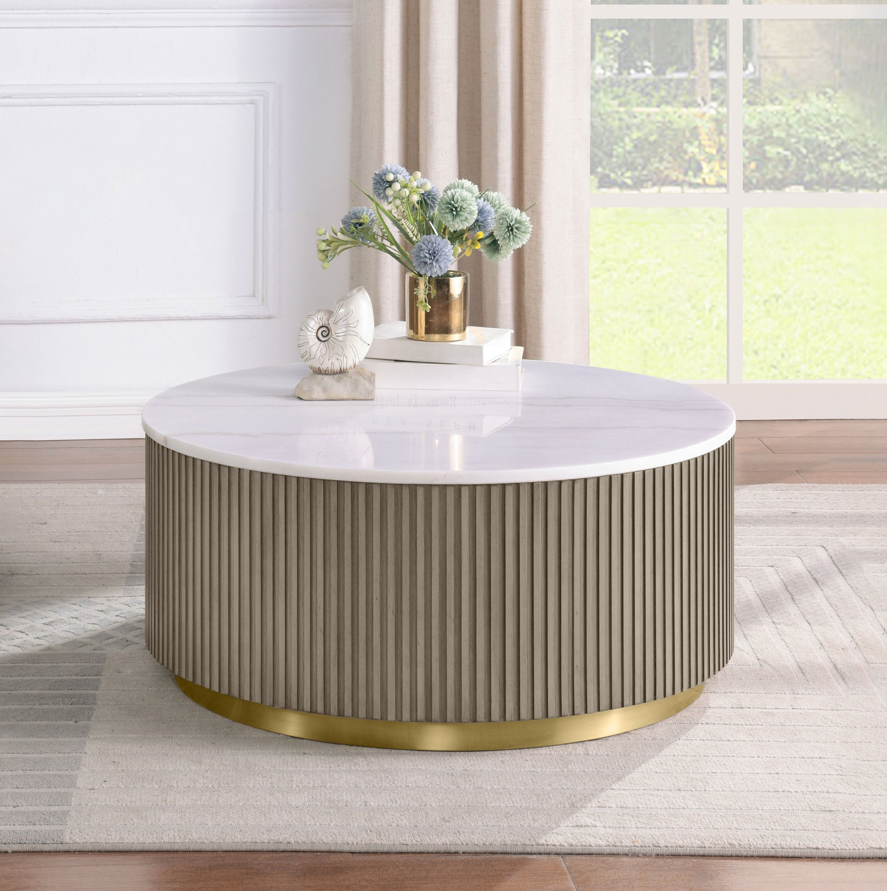 Jason Greige Round White Marble Top Coffee Table - Ornate Home