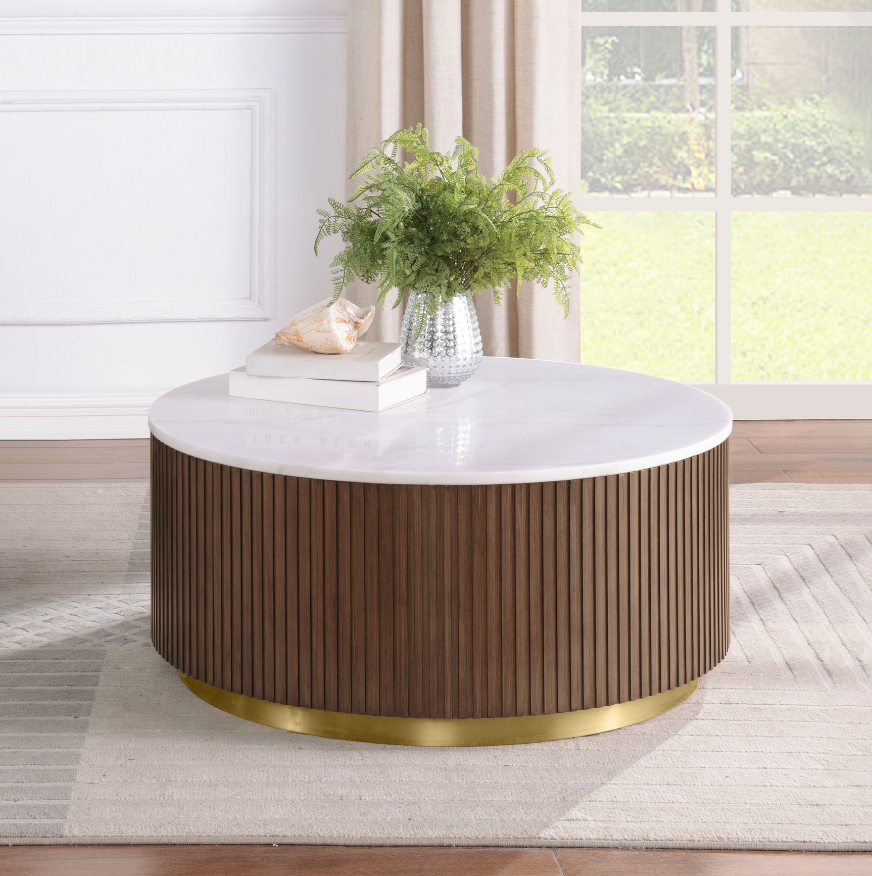 Jason Honey Brown Round White Marble Top Coffee Table - Ornate Home