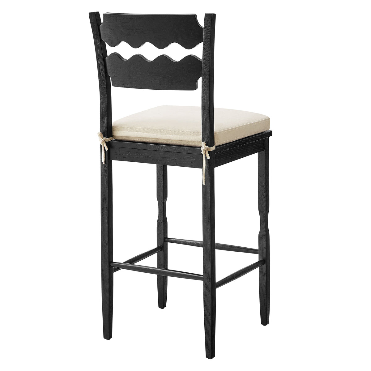 Jax Black/Linen Oak Wood Bar Stool With Wavy Razor Back and Cushion - Ornate Home