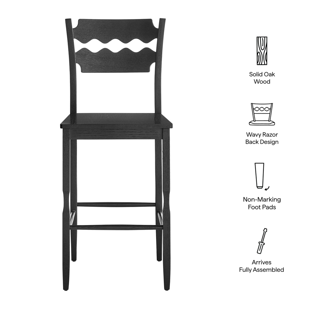 Jax Black Oak Wood Bar Stool With Wavy Razor Back - Ornate Home