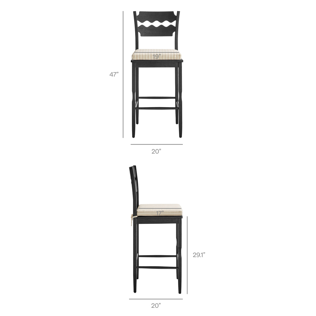 Jax Black/Oatmeal Stripe Oak Wood Bar Stool With Wavy Razor Back and Cushion - Ornate Home