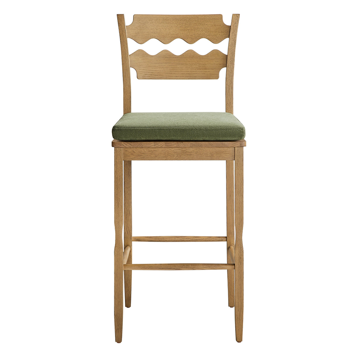 Jax Weathered Oak/Sage Oak Wood Bar Stool With Wavy Razor Back and Cushion - Ornate Home