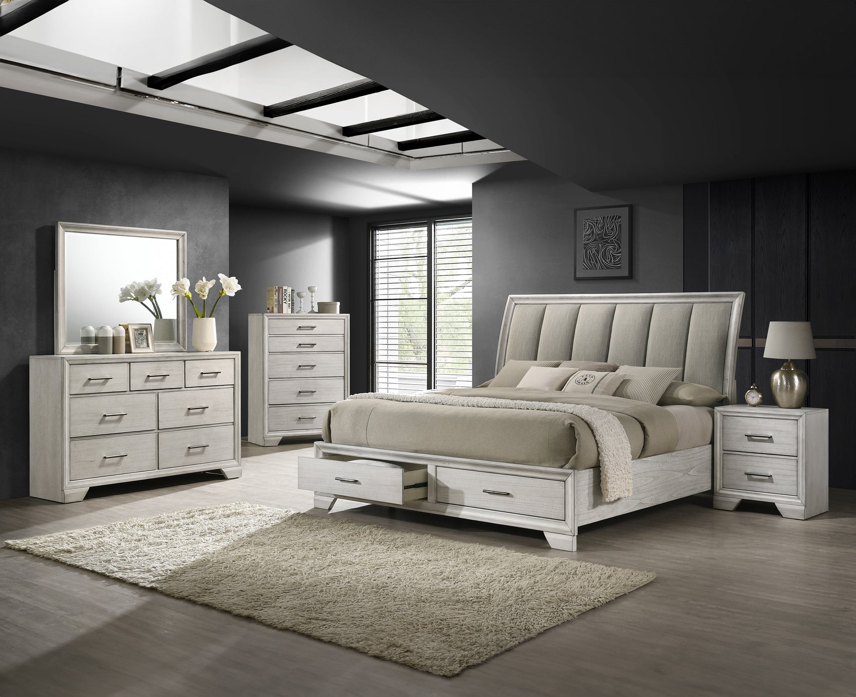 Jaymes White Mist Queen Sleigh Storage Platform Bed - Ornate Home