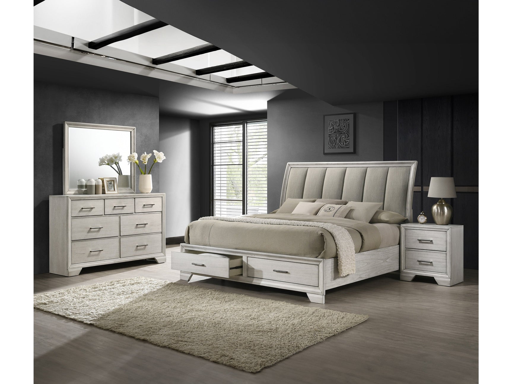 Jaymes White Mist Sleigh Storage Platform Bedroom Set - Ornate Home