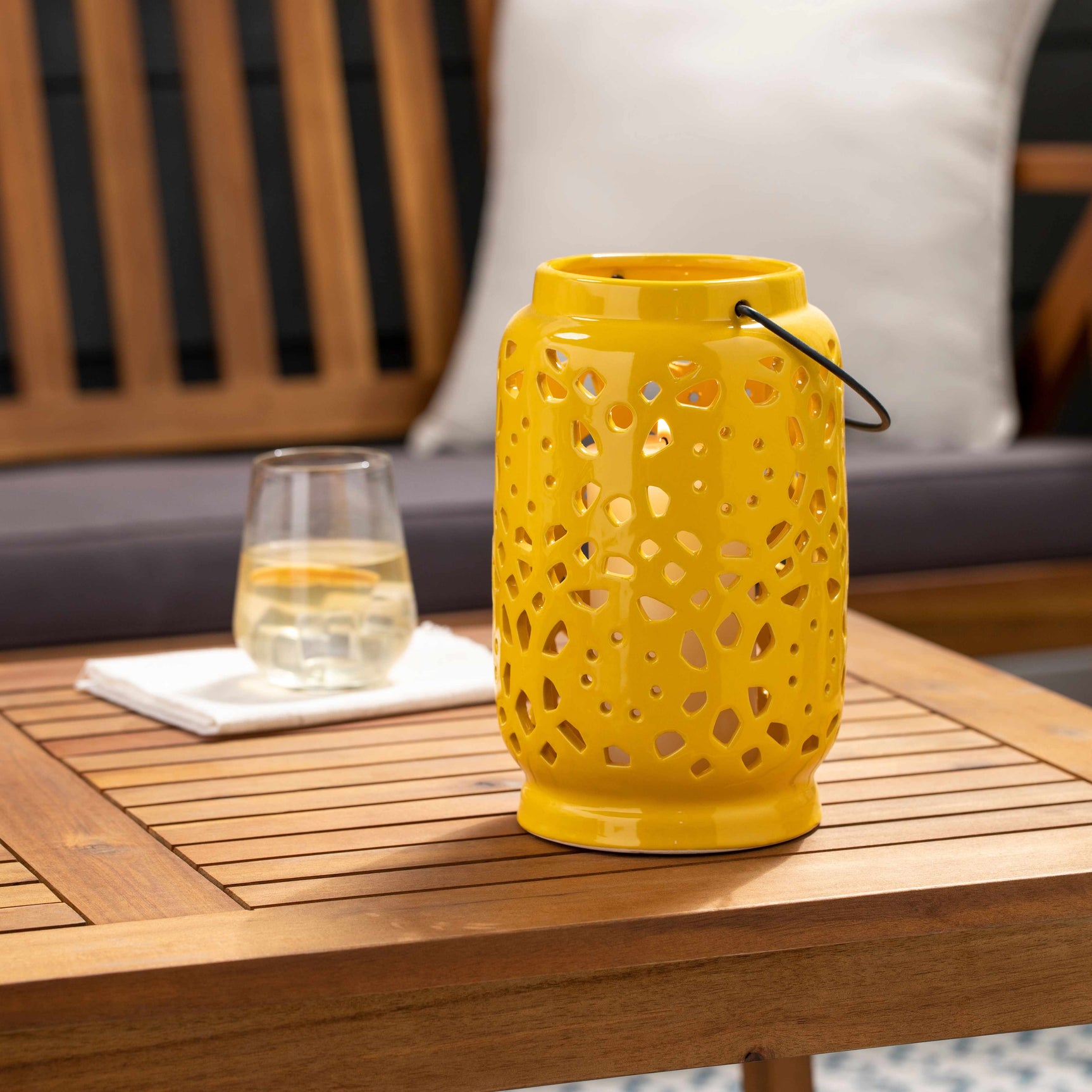 Jeiseyville Yellow Geometric Outdoor Ceramic Lantern - Ornate Home