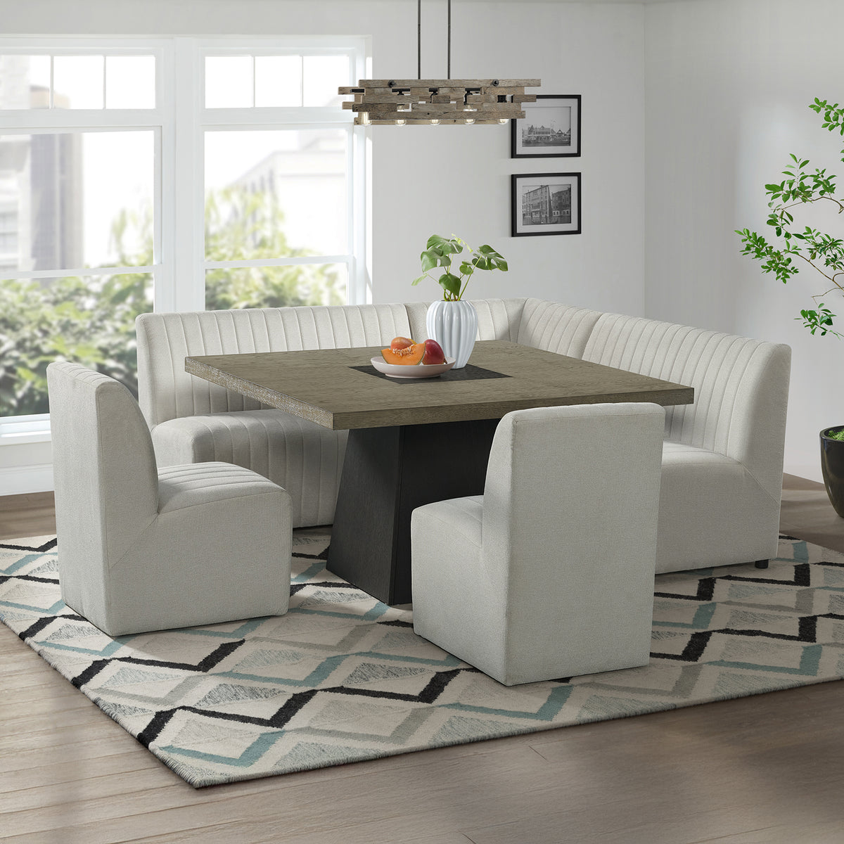 Jemma Grey 6-Piece Standard Height Dining Set with Square Table, Two Chairs & Bench - Ornate Home