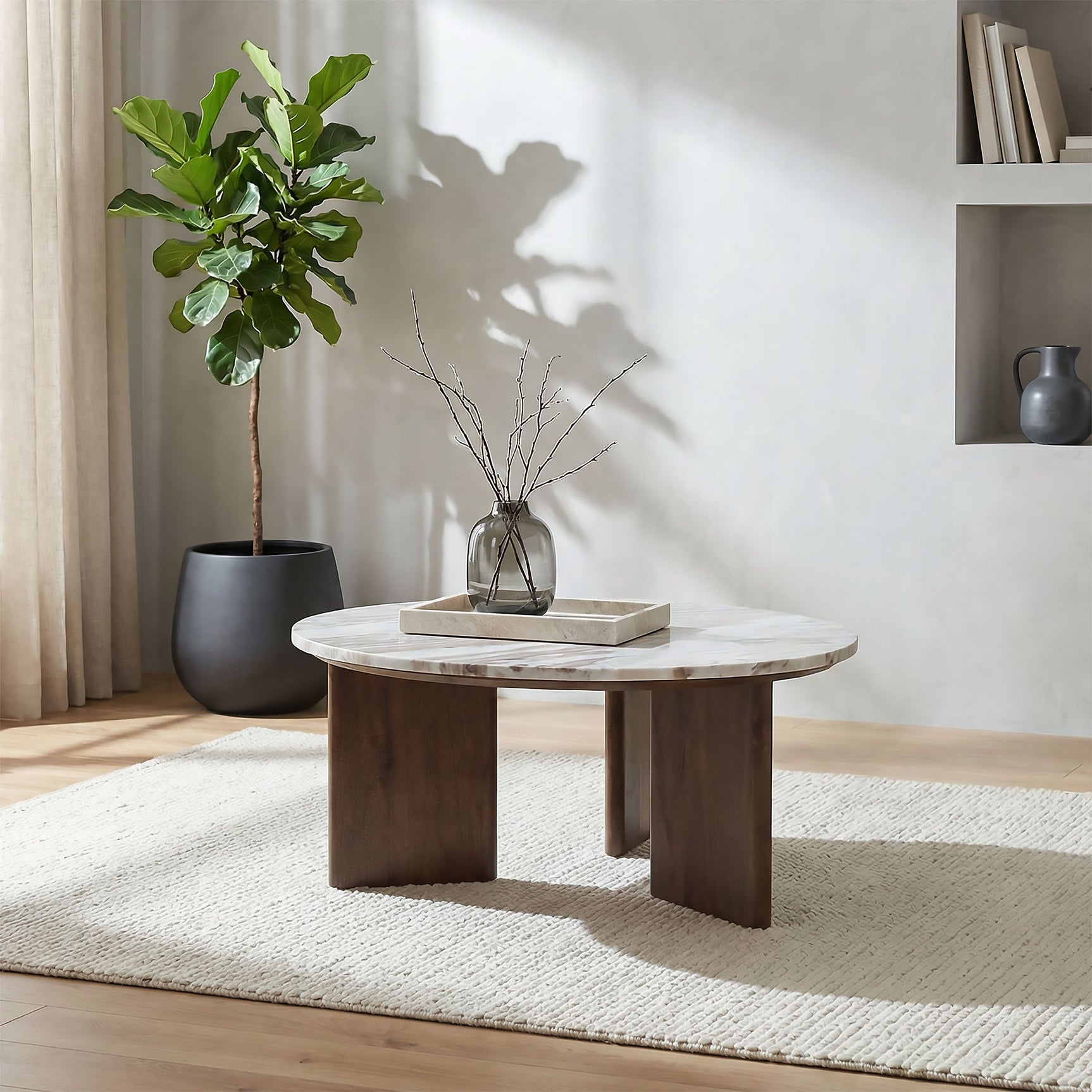 Jenna Brown 35-inch Round Marble Top Cocktail Coffee Table - Ornate Home