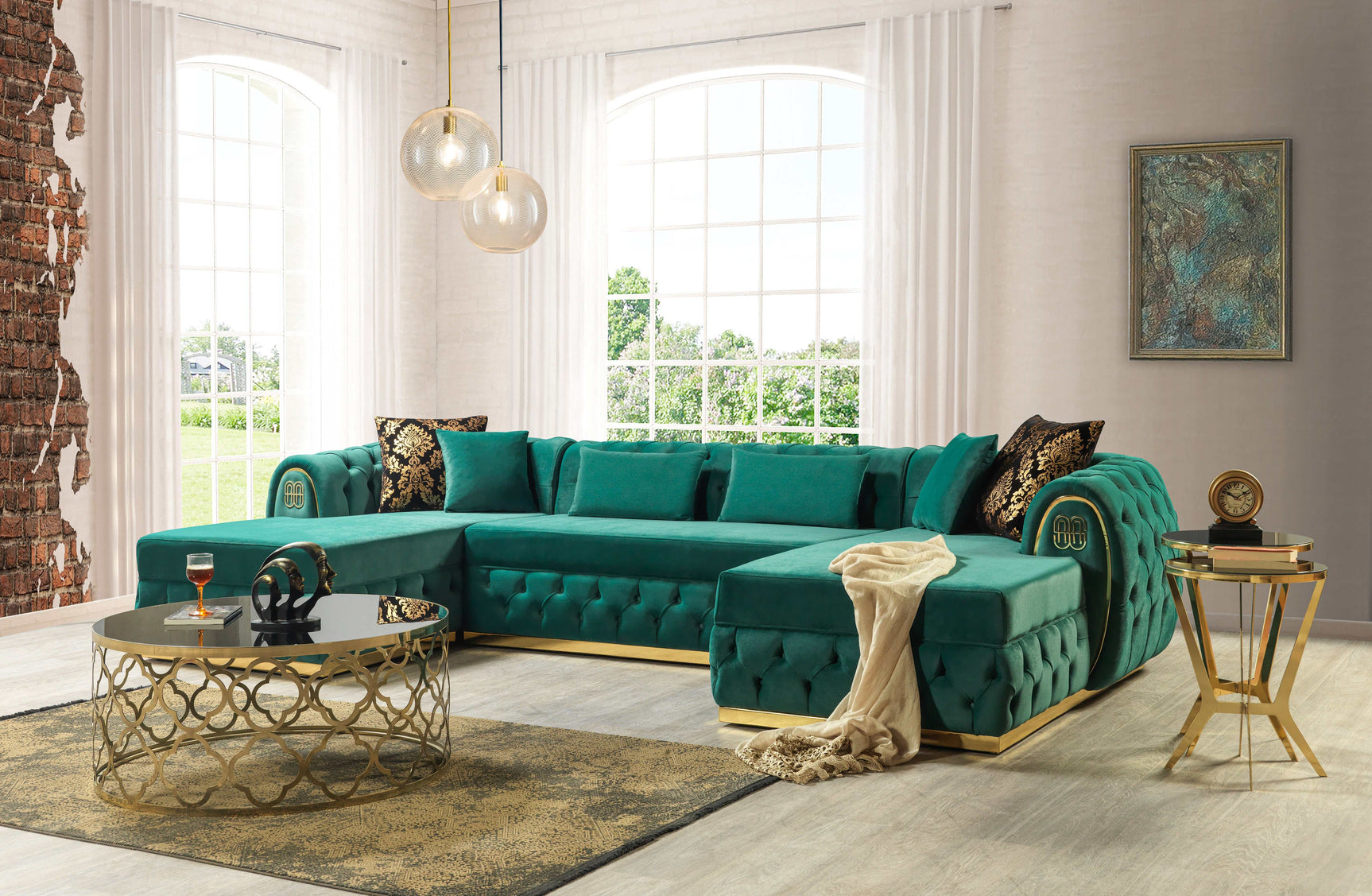 Jess Green Velvet Double Chaise "U" Shape Sectional Sofa - Ornate Home