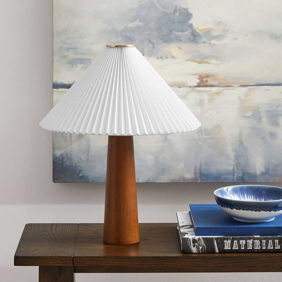 Jessica Walnut Wooden Base Table Lamp With Pleated Fabric Shade - Ornate Home