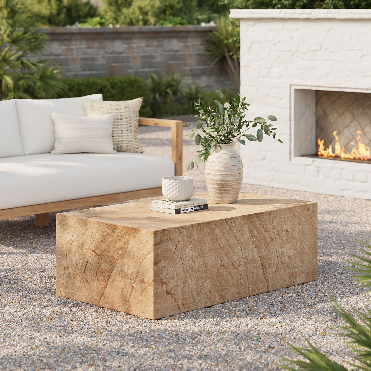 Jordana Travertine Square Plinth Indoor - Outdoor Patio Concrete Coffee Table - Ornate Home