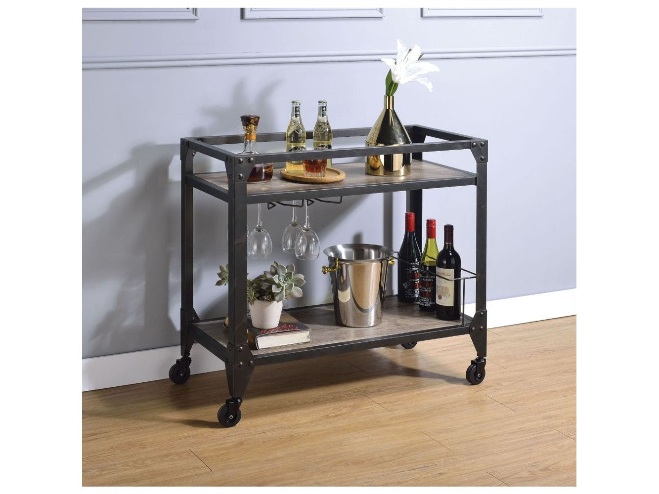 Jorgensen Rustic Oak & Charcoal Serving Cart - Ornate Home