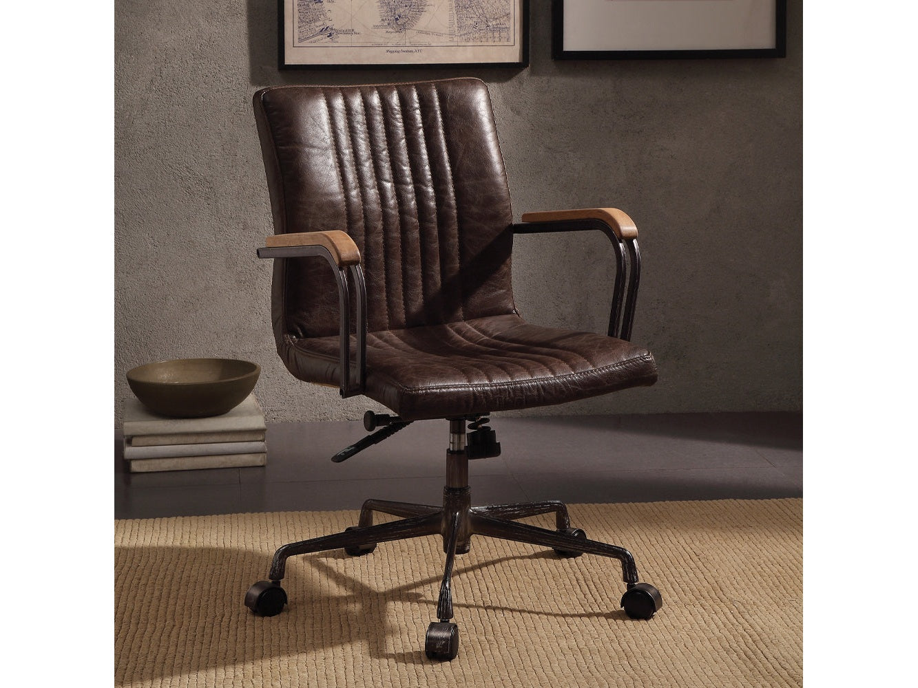 Joslin Distress Chocolate Top Grain Leather Office Chair - Ornate Home