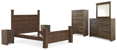Juararo Brown California King Poster Bedroom Set with Dresser, Mirror, Chest and 2 Nightstands - Ornate Home