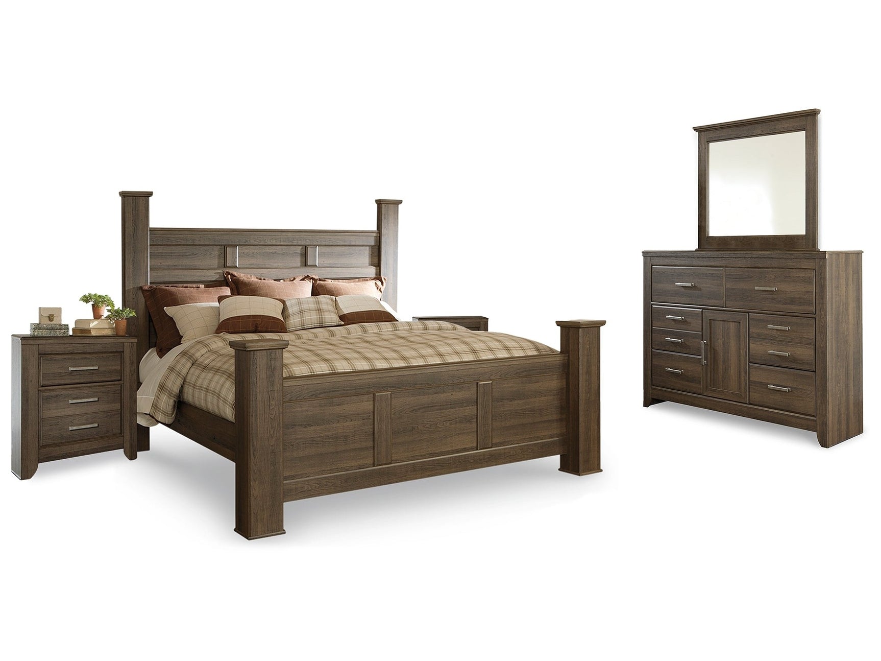 Juararo Brown California King Poster Bedroom Set with Dresser, Mirror and 2 Nightstands - Ornate Home