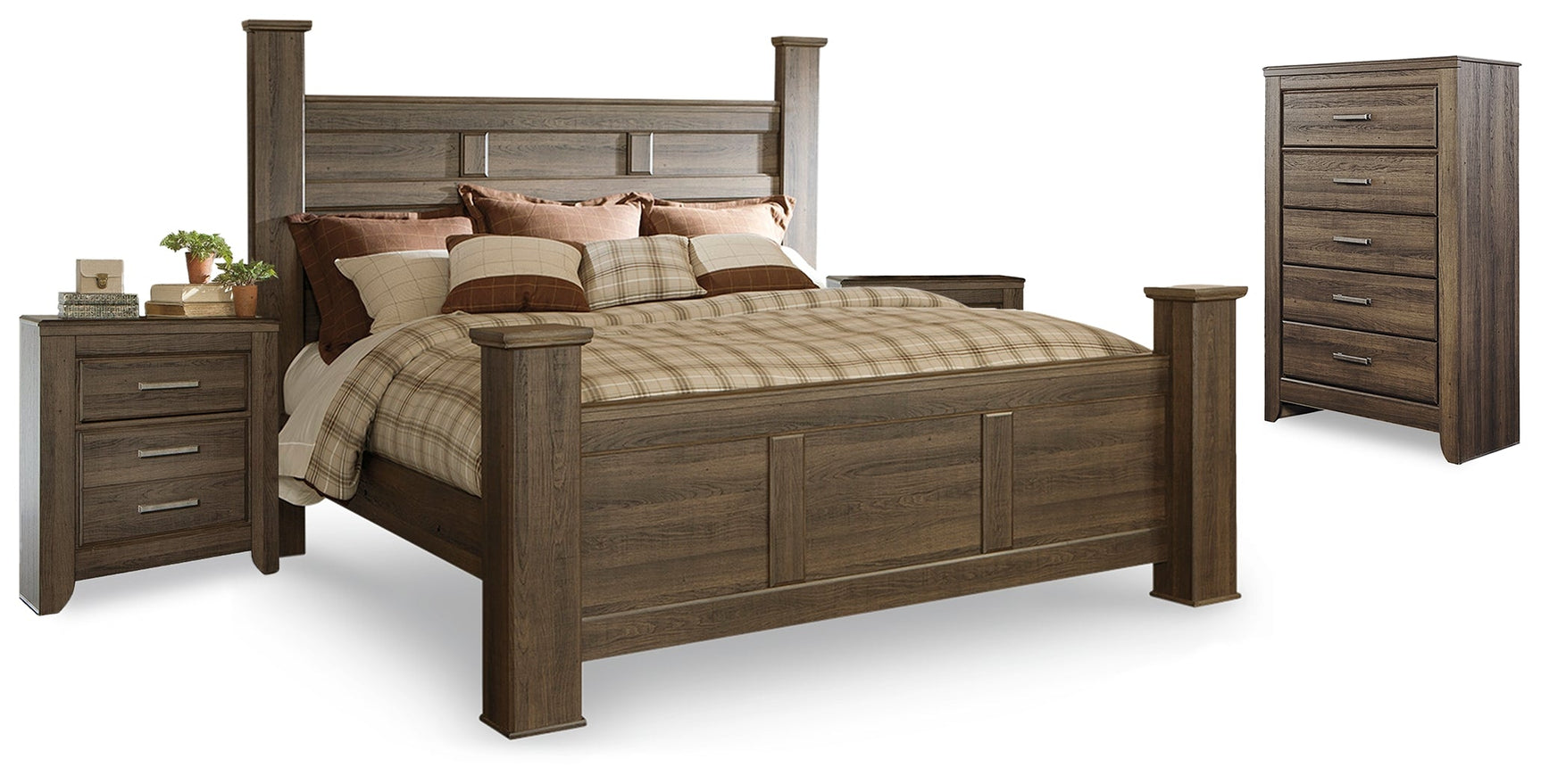 Juararo Brown King Poster Bedroom Set with Chest and 2 Nightstands (Online Special Price) - Ornate Home