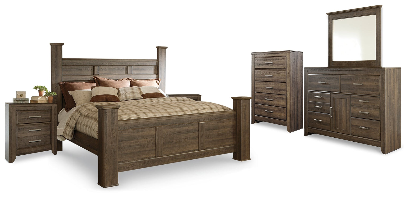 Juararo Brown King Poster Bedroom Set with Dresser, Mirror, Chest and 2 Nightstands (Online Special Price) - Ornate Home