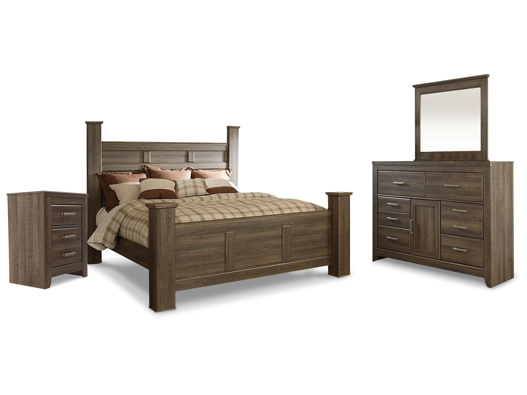 Juararo Brown King Poster Bedroom Set with Dresser, Mirror and Nightstand - Ornate Home