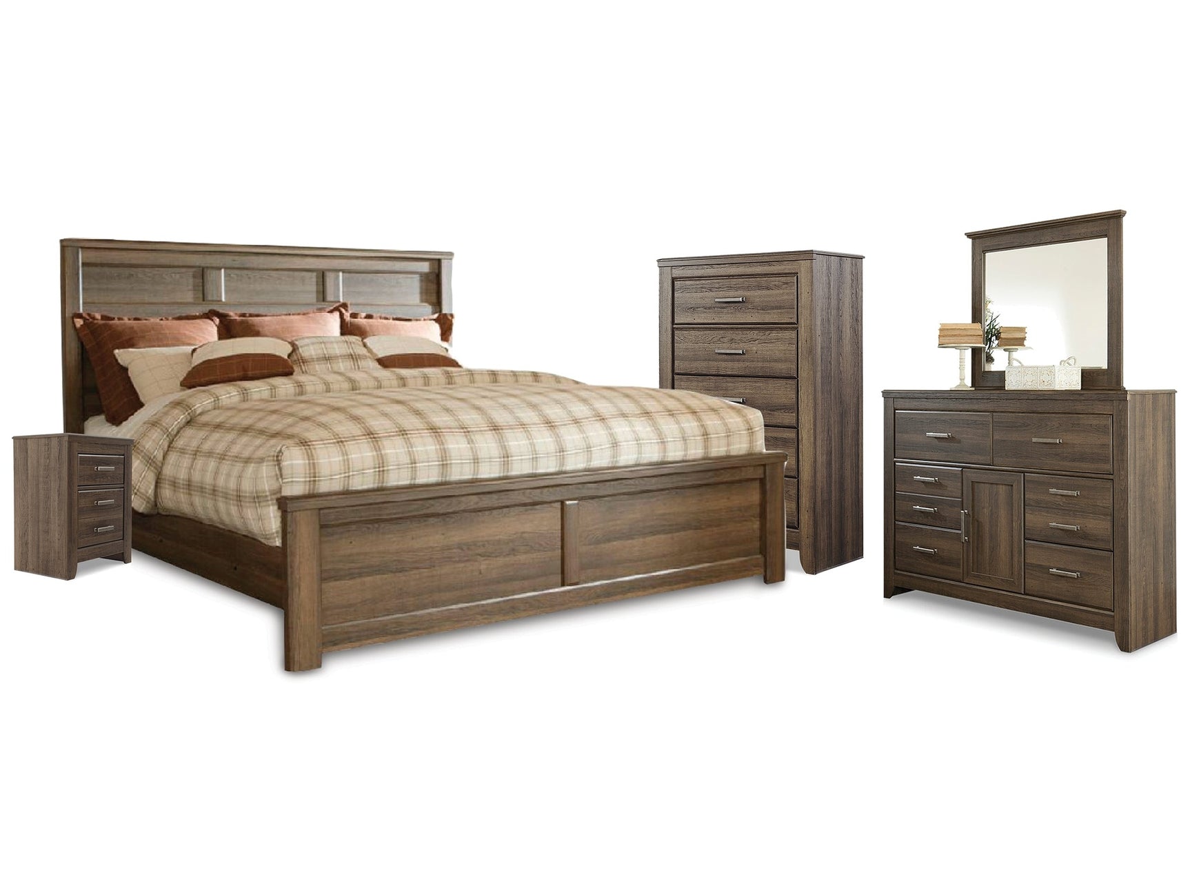 Juararo Dark Brown California King Panel Bed, Dresser, Mirror, Chest and Nightstand - Ornate Home