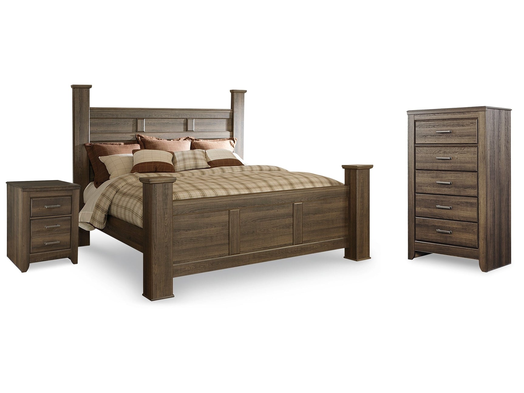 Juararo Dark Brown King Poster Bed, Chest and Nightstand - Ornate Home