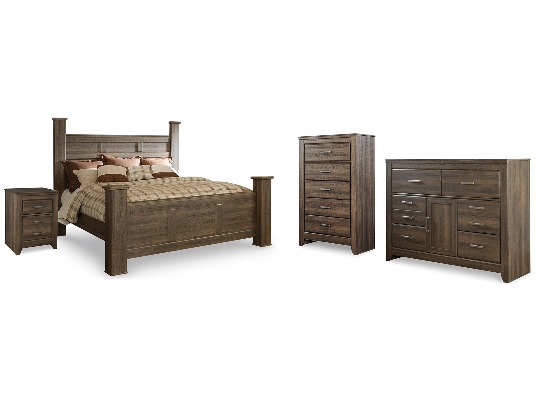 Juararo Dark Brown King Poster Bed, Dresser, Chest and Nightstand - Ornate Home