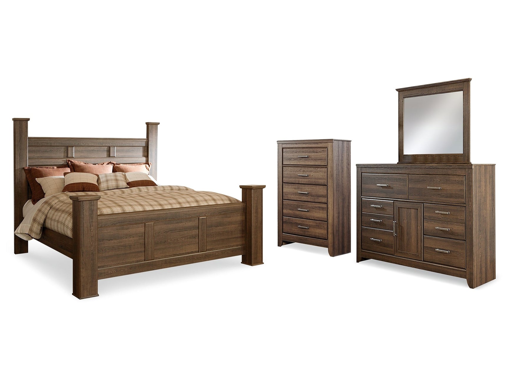 Juararo Dark Brown King Poster Bed, Dresser, Mirror and Chest - Ornate Home