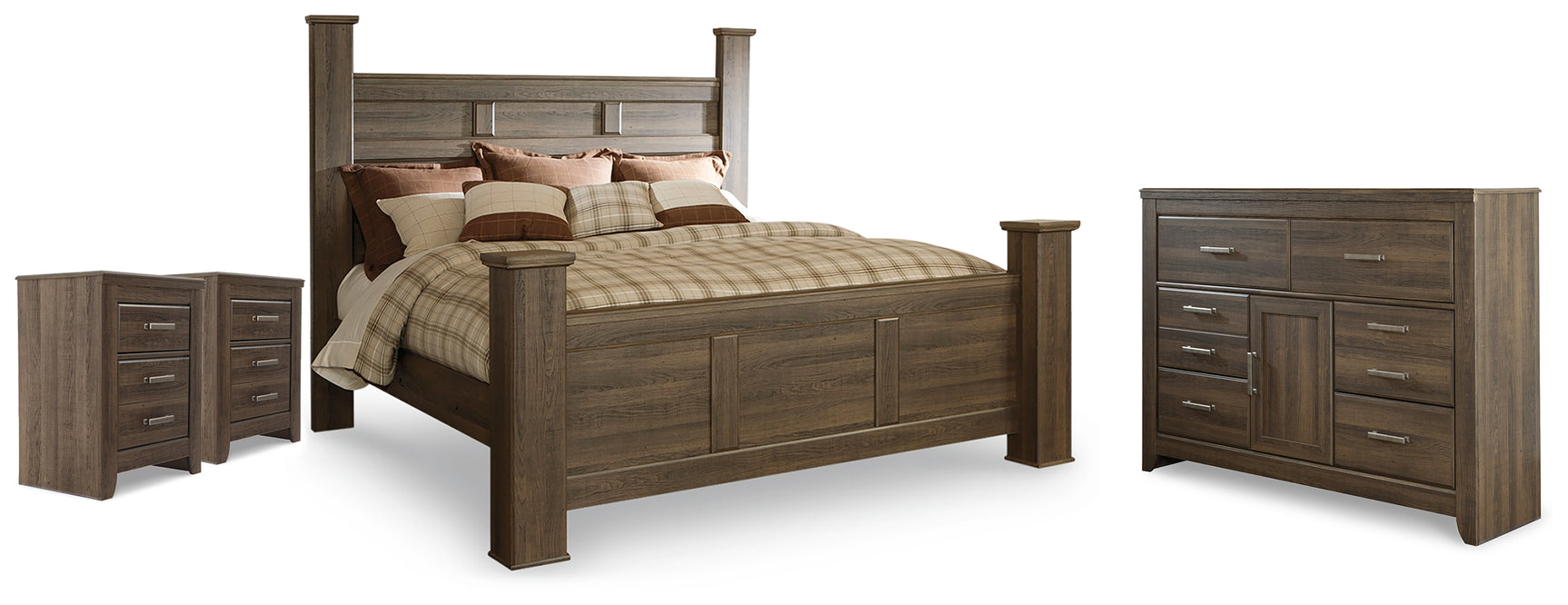 Juararo Dark Brown King Poster Bed, Dresser and 2 Nightstands (Online Special Price) - Ornate Home