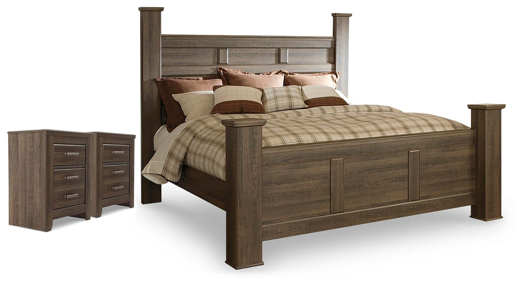 Juararo Dark Brown King Poster Bed and 2 Nightstands - Ornate Home