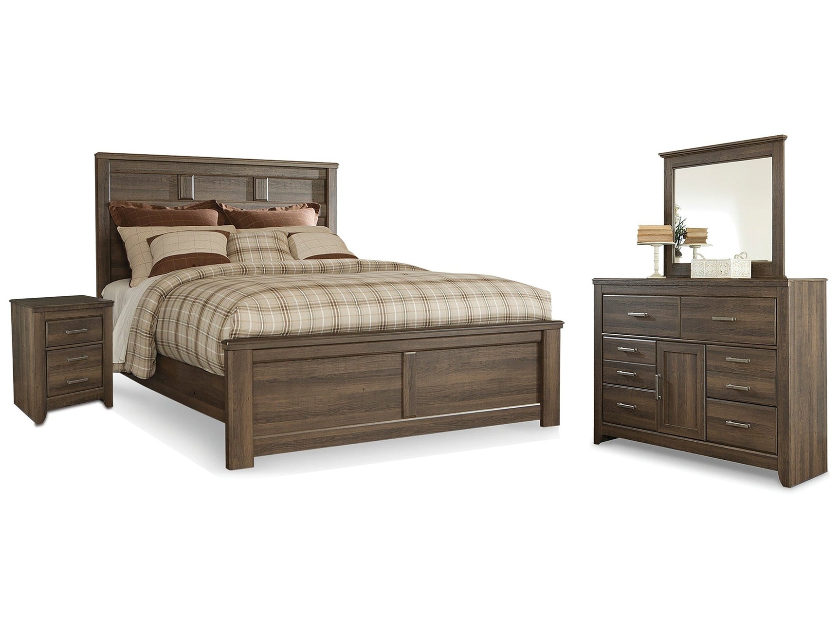 Juararo Dark Brown Queen Panel Bed, Dresser, Mirror and Nightstand (Online Special Price) - Ornate Home