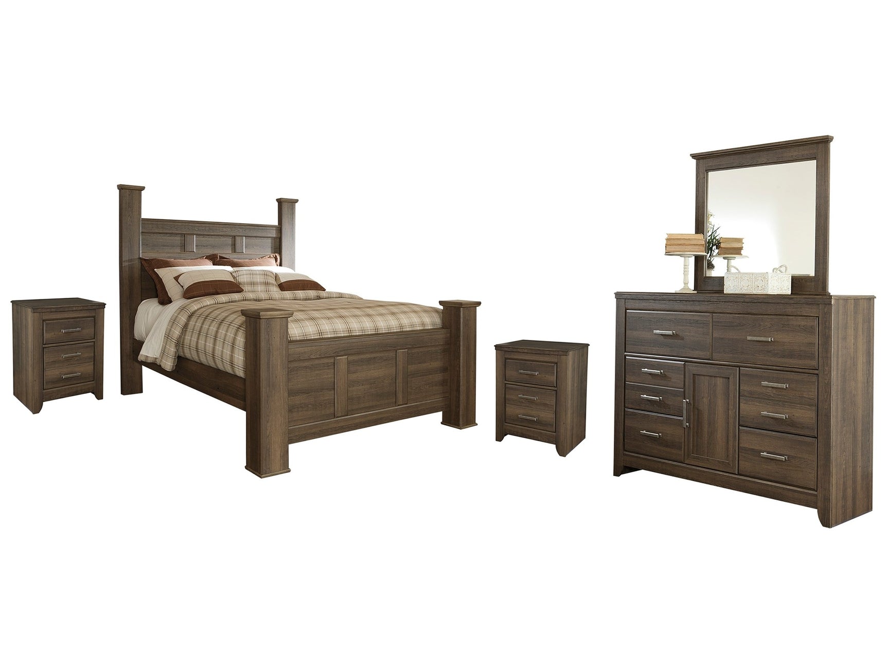 Juararo Dark Brown Queen Poster Bed w/Mirrored Dresser & 2 Nightstands - Ornate Home