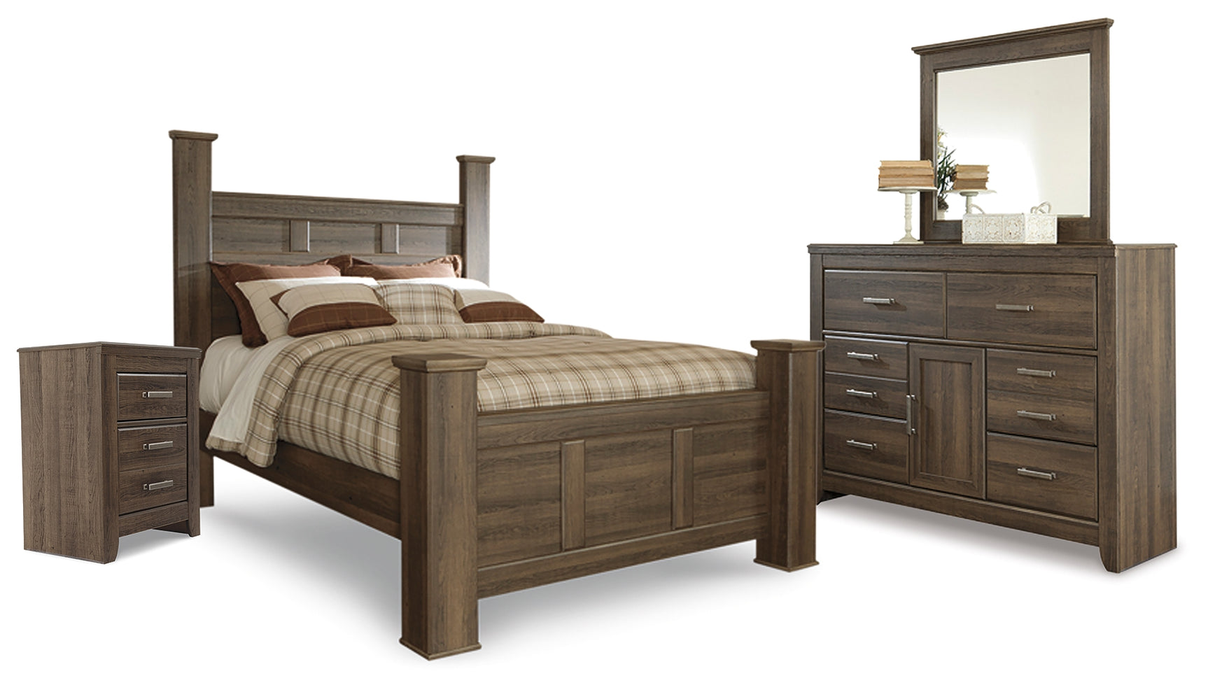 Juararo Dark Brown Queen Poster Bed with Mirrored Dresser and Nightstand - Ornate Home