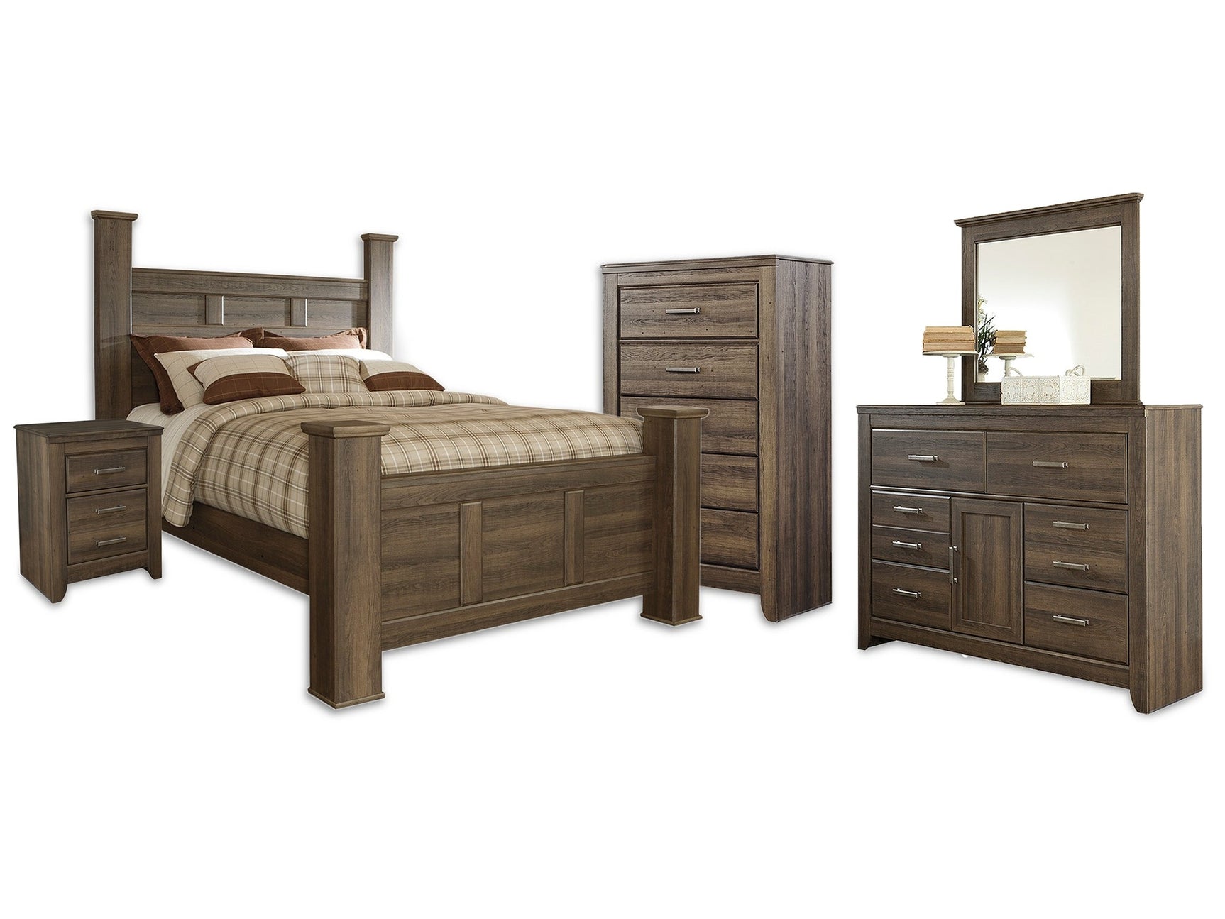 Juararo Queen Poster Bed, Dresser, Mirror, Chest and Nightstand - Ornate Home
