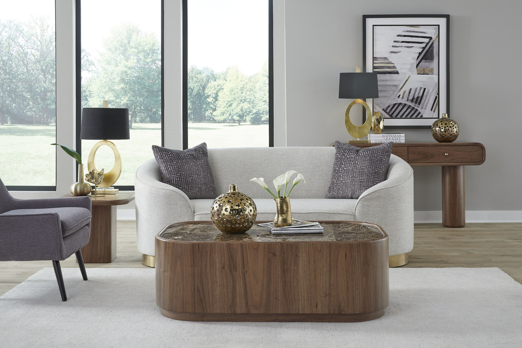 Juba Mongoose Natural Marble and Walnut Coffee Table with Casters - Ornate Home