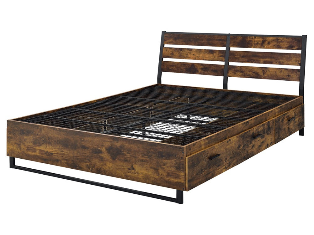 Juvanth Rustic Oak & Black Finish Bed Frame w/6 Storage Drawers - Ornate Home
