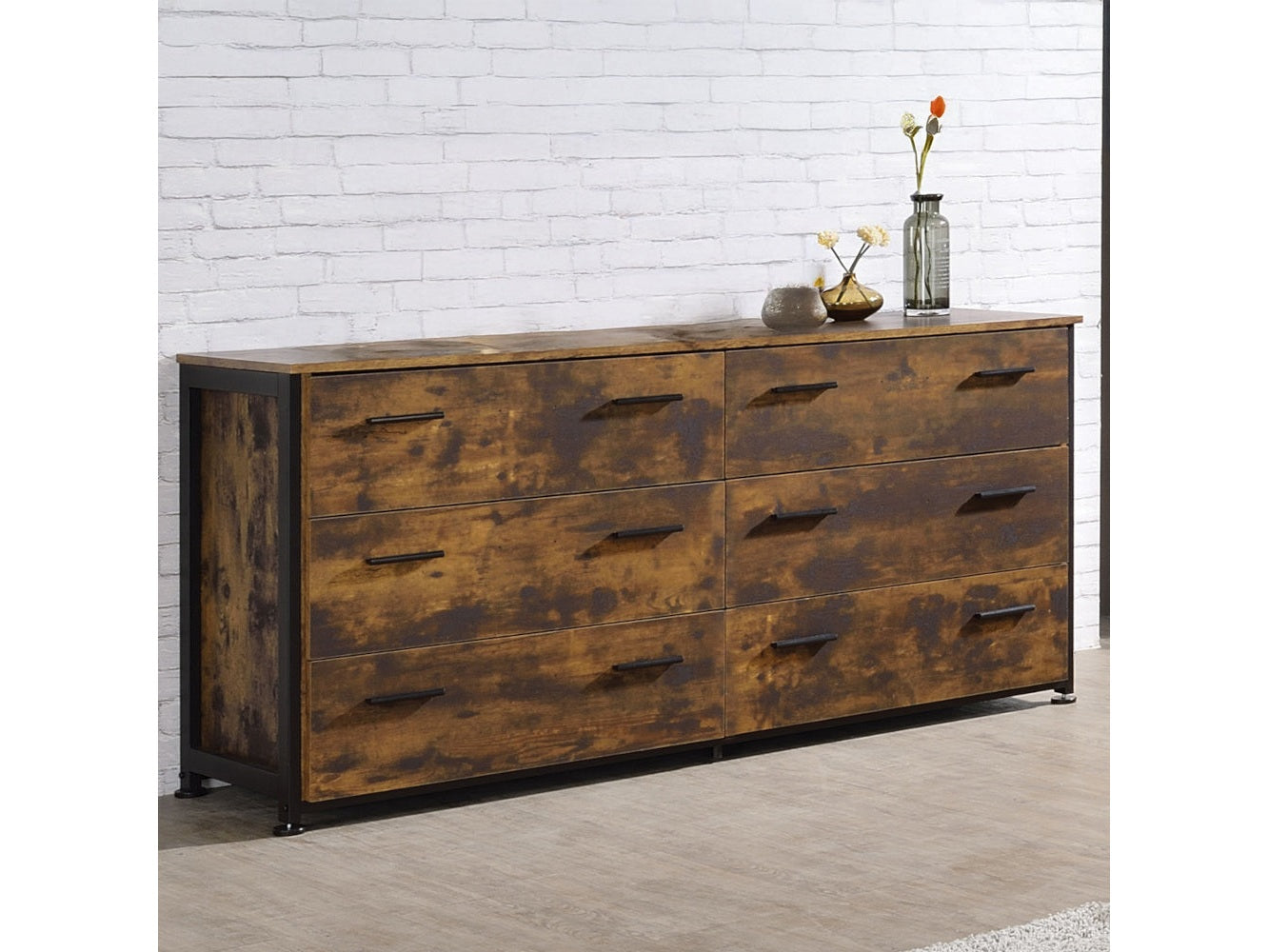 Juvanth Rustic Oak & Black Finish Dresser w/6 Drawers - Ornate Home
